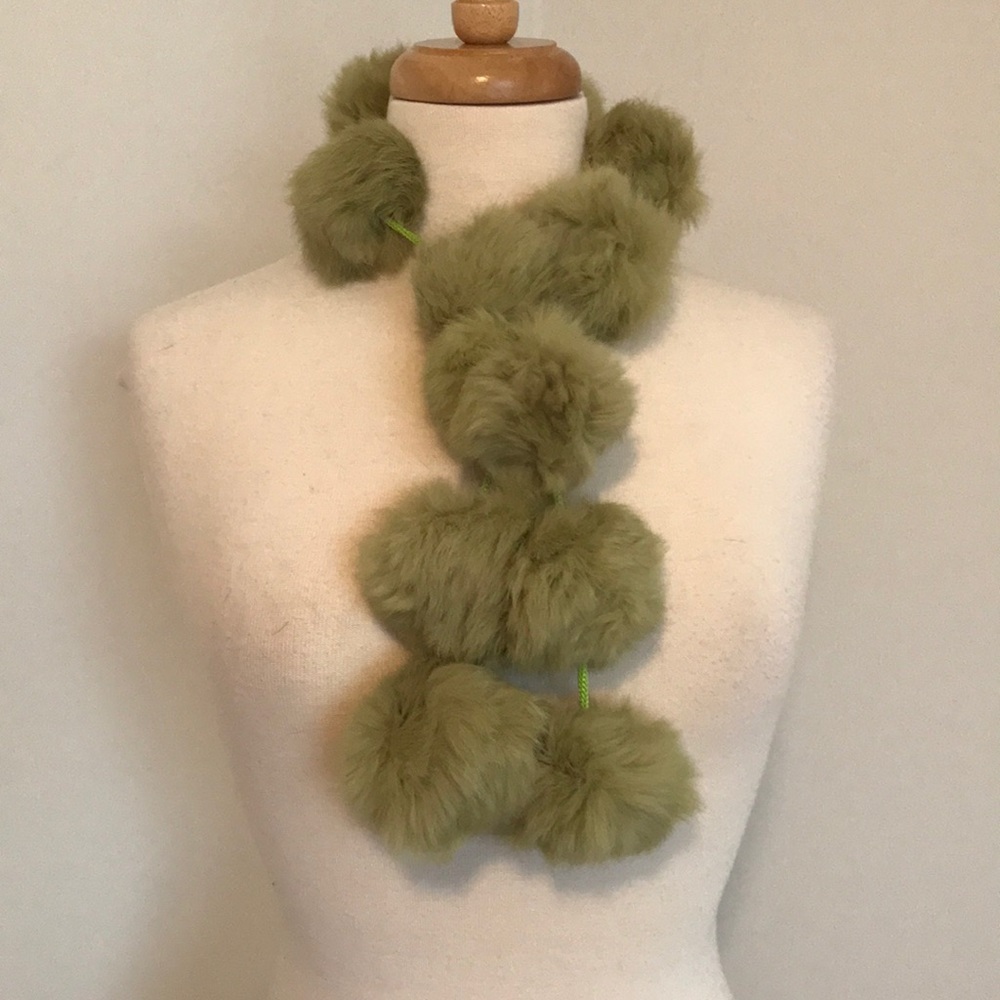 “Grinch-y” Green, genuine angora fur pom pom scarf